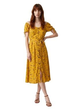 Monteau Mustard Yellow Floral Button-Front Midi Dress